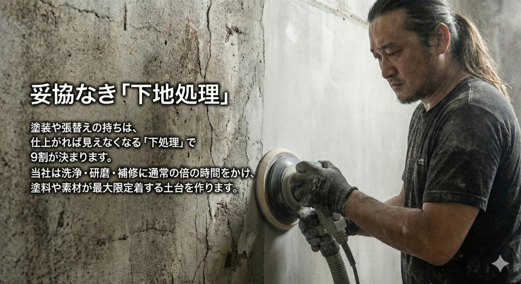 01. 妥協なき「下地処理」 - 塗装や張替えの持ちは、仕上がれば見えなくなる「下処理」で9割が決まります。